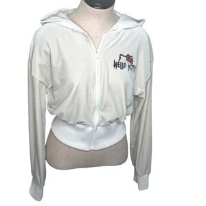 Hello Kitty Forever 21 Women XL Velour Zip Up Hoodie Cream White Graphic Cropped